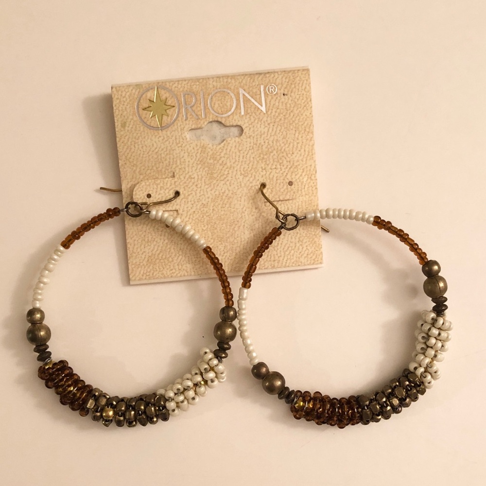 NWT Beaded Hoop Earrings- Brown, White, Gold